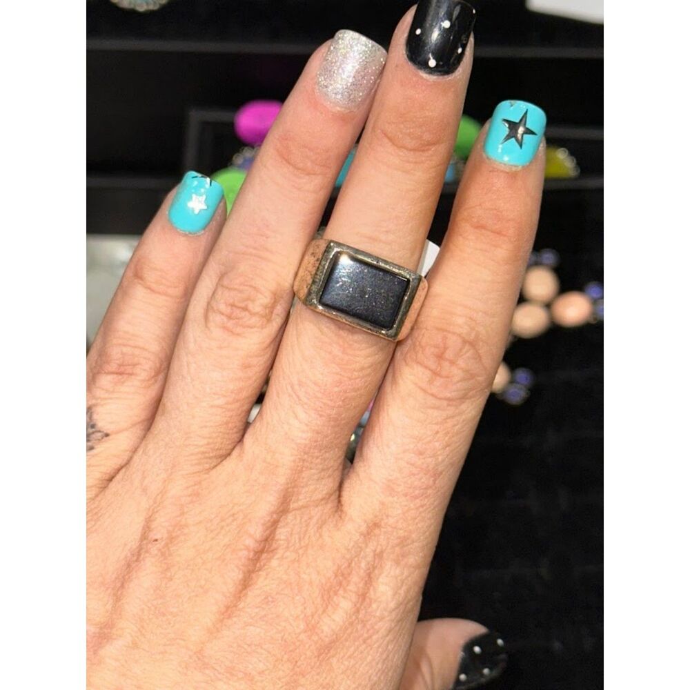 Black Onyx Rectangle Sterling Silver Overlay Ring Size 9